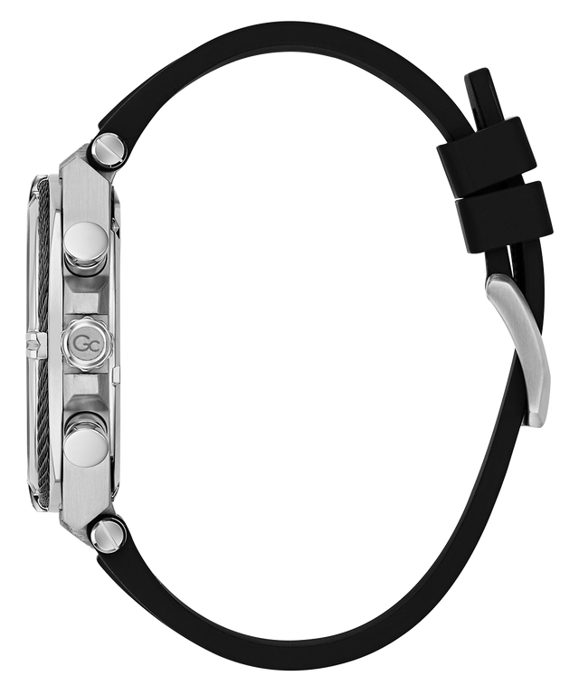 Side  of a watch with a black strap and silver case on a white background