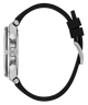 Side  of a watch with a black strap and silver case on a white background