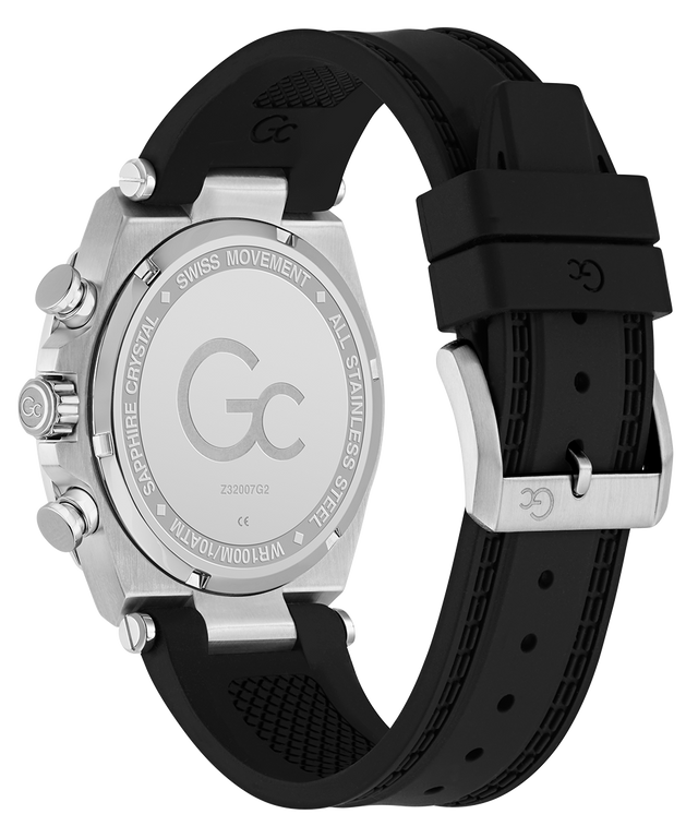 Caseback of Gc IronClass Chrono Silicone Watch with black strap and silver case on a white background
