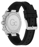 Caseback of Gc IronClass Chrono Silicone Watch with black strap and silver case on a white background