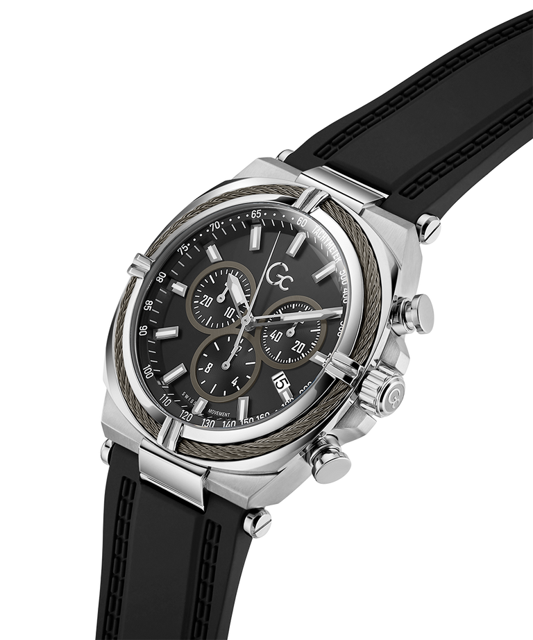 Gc IronClass Chrono Silicone watch with black dial and black strap on a white background lifestyle