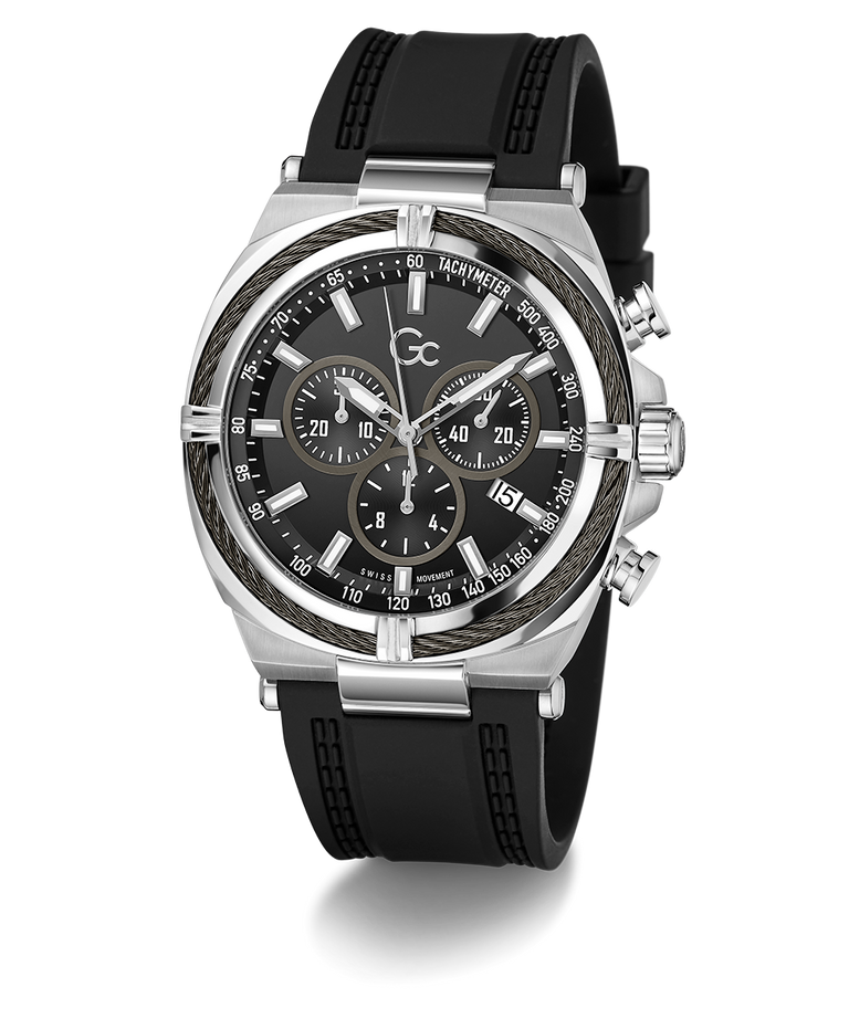 Gc IronClass Chrono Silicone watch with black strap and detailed face on a white background