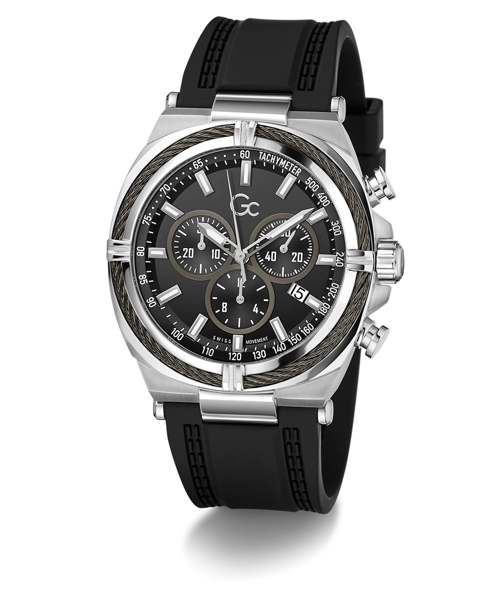 Gc IronClass Chrono Silicone watch with black strap and detailed face on a white background