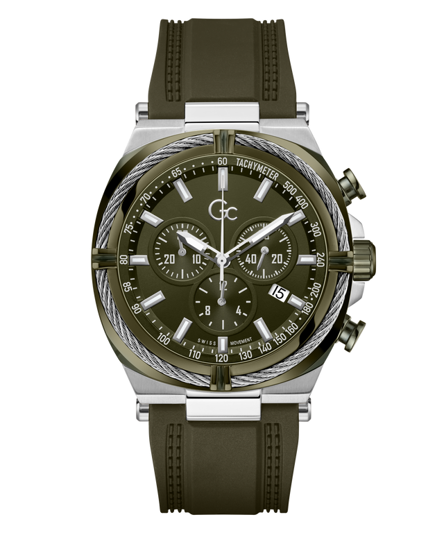 A Gc chronograph watch with an olive green rubber strap, matching green dial, and a silver-tone stainless steel case with a rope-style bezel.