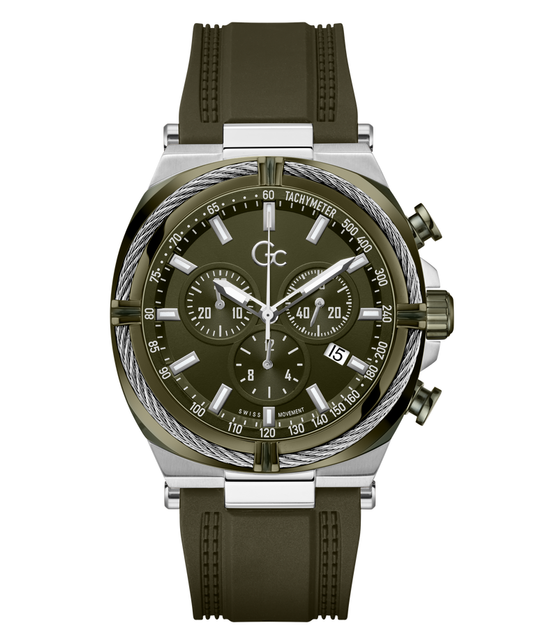 A Gc chronograph watch with an olive green rubber strap, matching green dial, and a silver-tone stainless steel case with a rope-style bezel.
