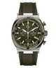 A Gc chronograph watch with an olive green rubber strap, matching green dial, and a silver-tone stainless steel case with a rope-style bezel.