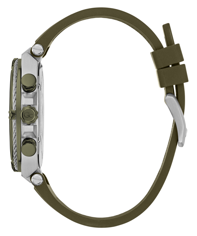 A side profile view of a watch with an olive green silicone strap, a silver-tone case, and matching olive green accents on the bezel, buttons, and clasp, set against a plain white background.