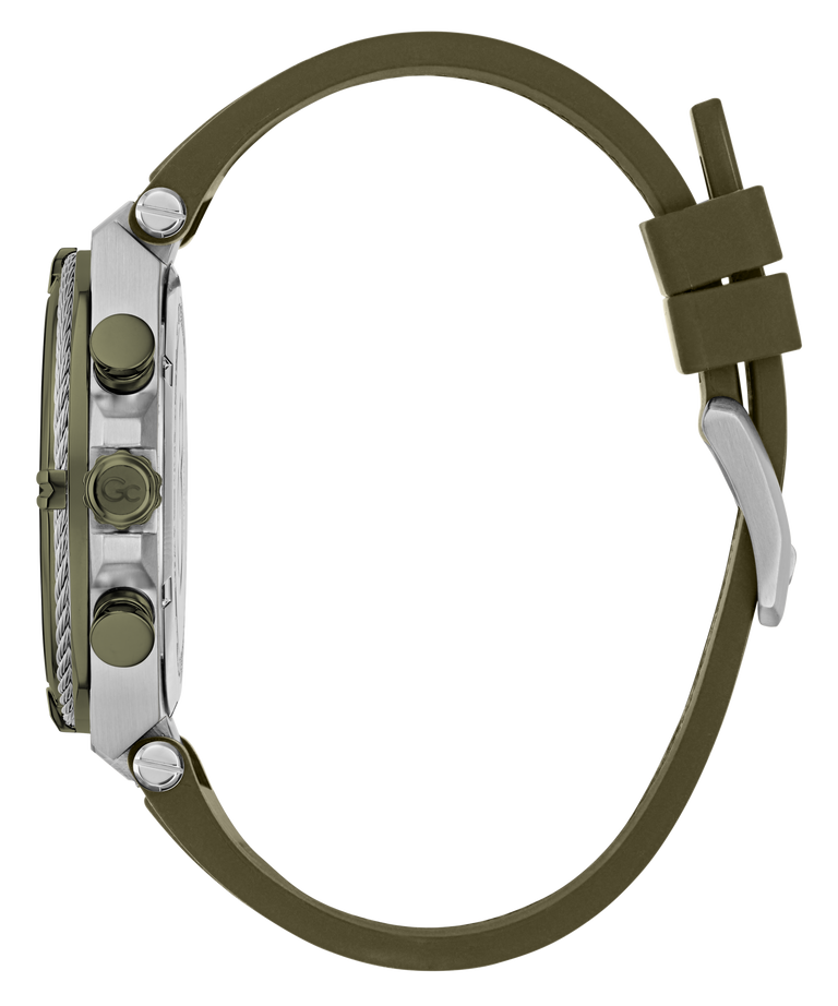 A side profile view of a watch with an olive green silicone strap, a silver-tone case, and matching olive green accents on the bezel, buttons, and clasp, set against a plain white background.