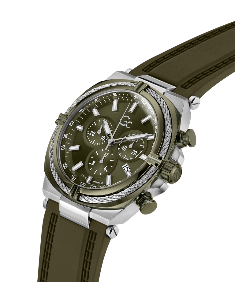 A chronograph watch with an olive green dial and matching olive green strap, featuring a silver-tone case with a distinctive braided bezel detail. lifestyle