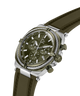 A chronograph watch with an olive green dial and matching olive green strap, featuring a silver-tone case with a distinctive braided bezel detail. lifestyle
