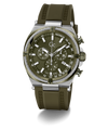 A military-style chronograph watch with an olive green rubber strap, matching green dial, and a silver-tone stainless steel case with a textured rope detail around the bezel.