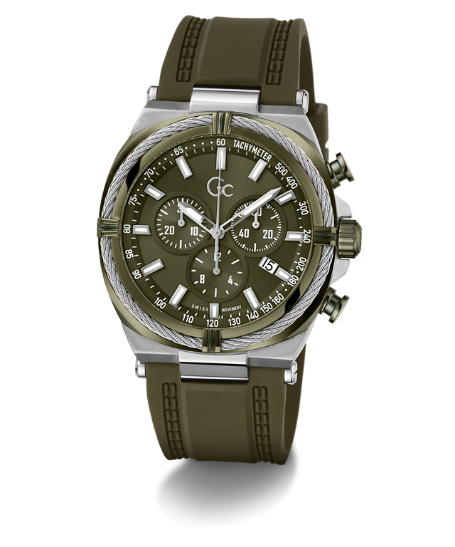 A military-style chronograph watch with an olive green rubber strap, matching green dial, and a silver-tone stainless steel case with a textured rope detail around the bezel.
