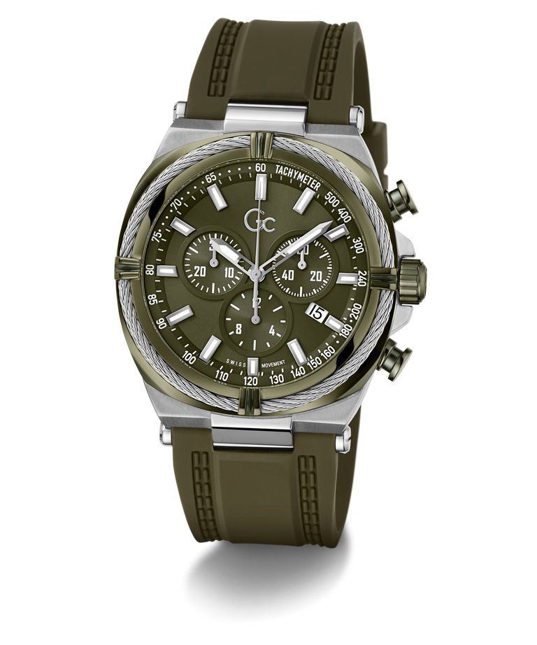 A military-style chronograph watch with an olive green rubber strap, matching green dial, and a silver-tone stainless steel case with a textured rope detail around the bezel.