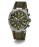 A military-style chronograph watch with an olive green rubber strap, matching green dial, and a silver-tone stainless steel case with a textured rope detail around the bezel.