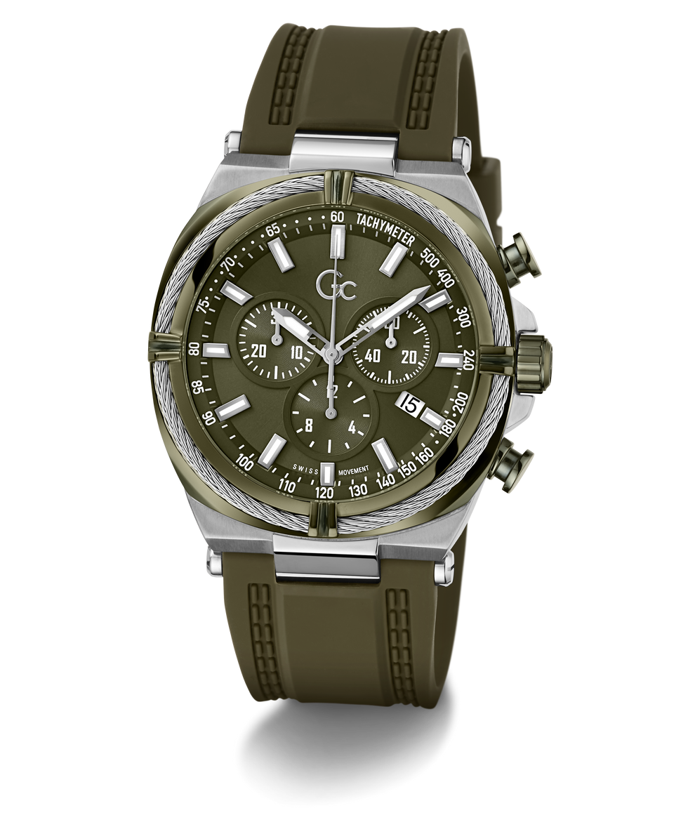 A military-style chronograph watch with an olive green rubber strap, matching green dial, and a silver-tone stainless steel case with a textured rope detail around the bezel.