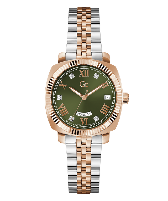 Gc Flair Coussin Lady Mid Size Metal Two-tone watch with green dial and rose gold accents on a white background