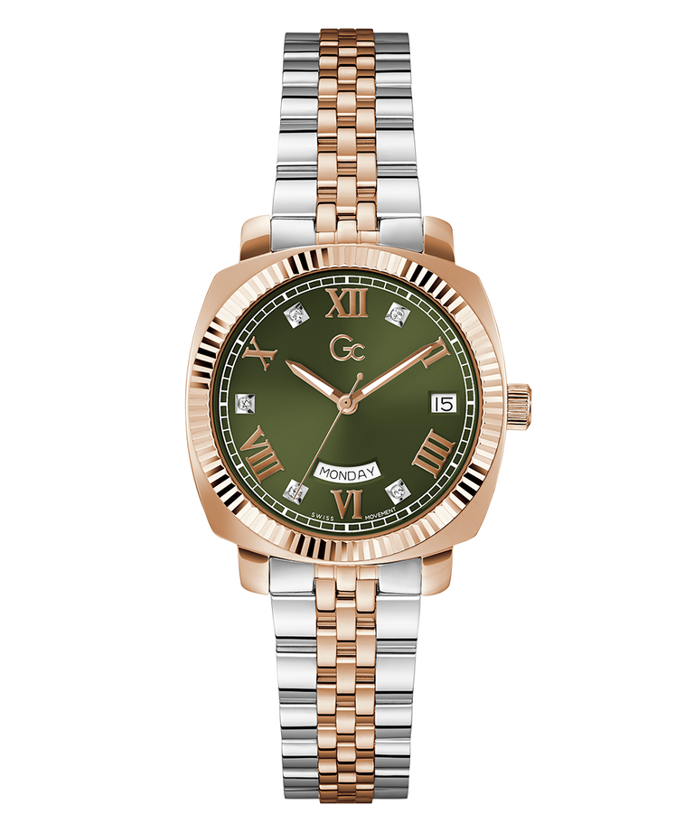 Gc Flair Coussin Lady Mid Size Metal Two-tone watch with green dial and rose gold accents on a white background