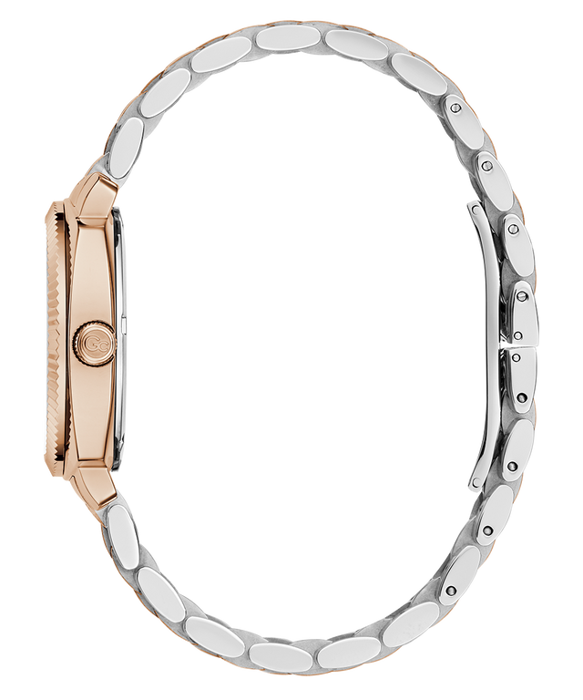 Close-up of a watch with a silver and rose gold band on a white background