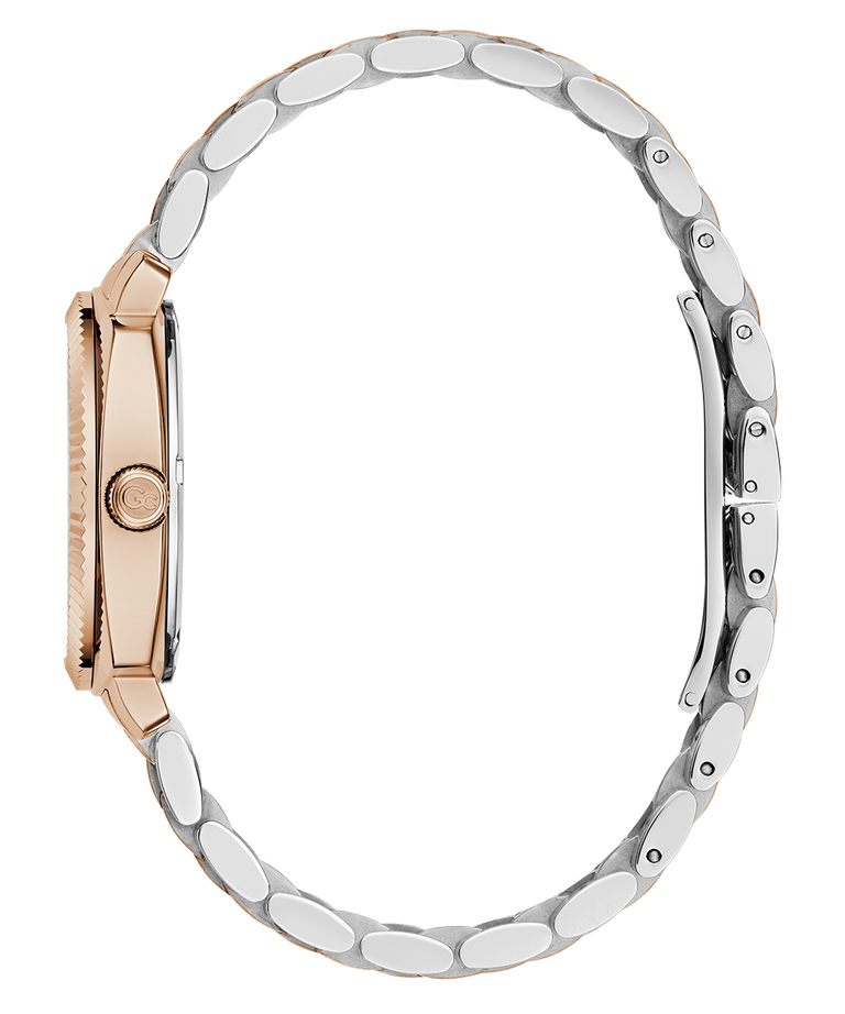 Close-up of a watch with a silver and rose gold band on a white background