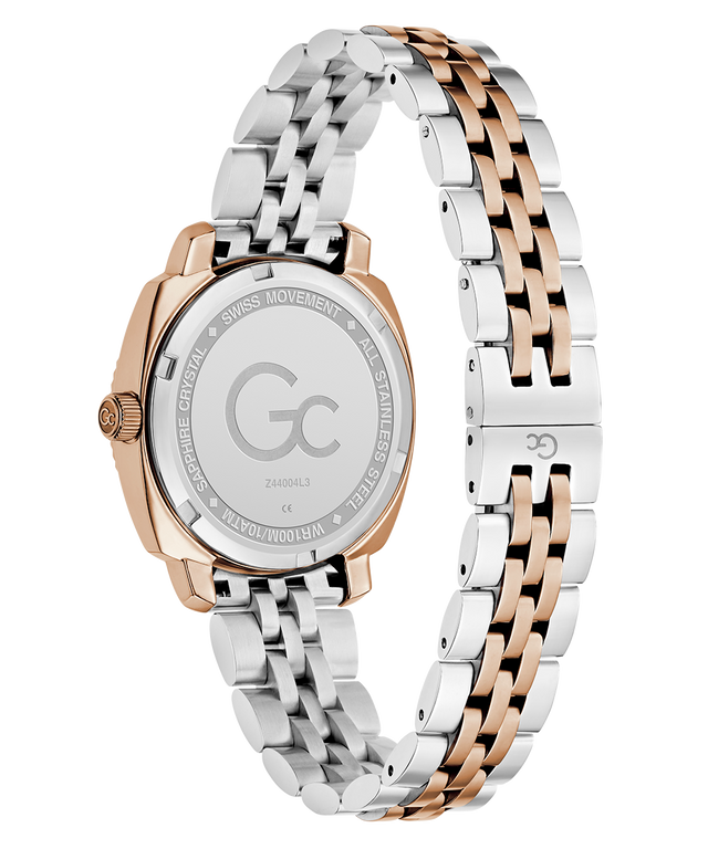Gc Flair Coussin Lady Mid Size Metal Two-tone watch with silver and rose gold band on a white background