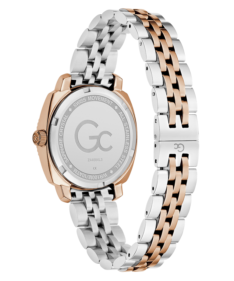 Gc Flair Coussin Lady Mid Size Metal Two-tone watch with silver and rose gold band on a white background