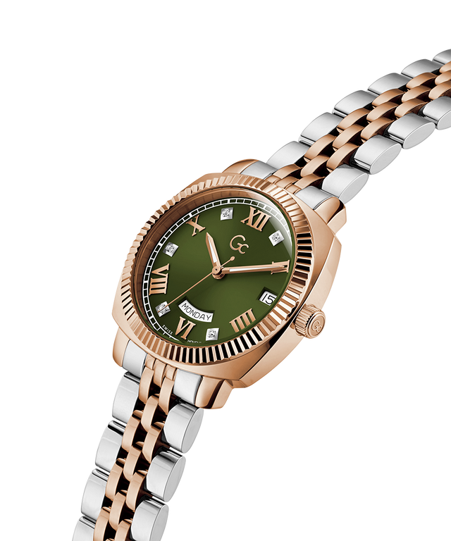 Gc Flair Coussin Lady Mid Size Metal watch with green dial and rose gold case on a white background lifestyle