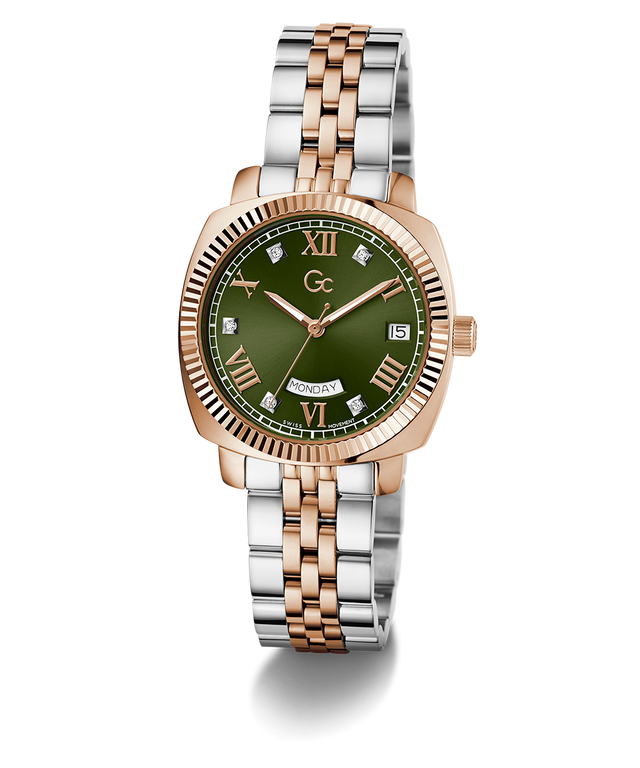 Gc Flair Coussin Lady Mid Size Metal Two-tone watch with a green dial on a white background