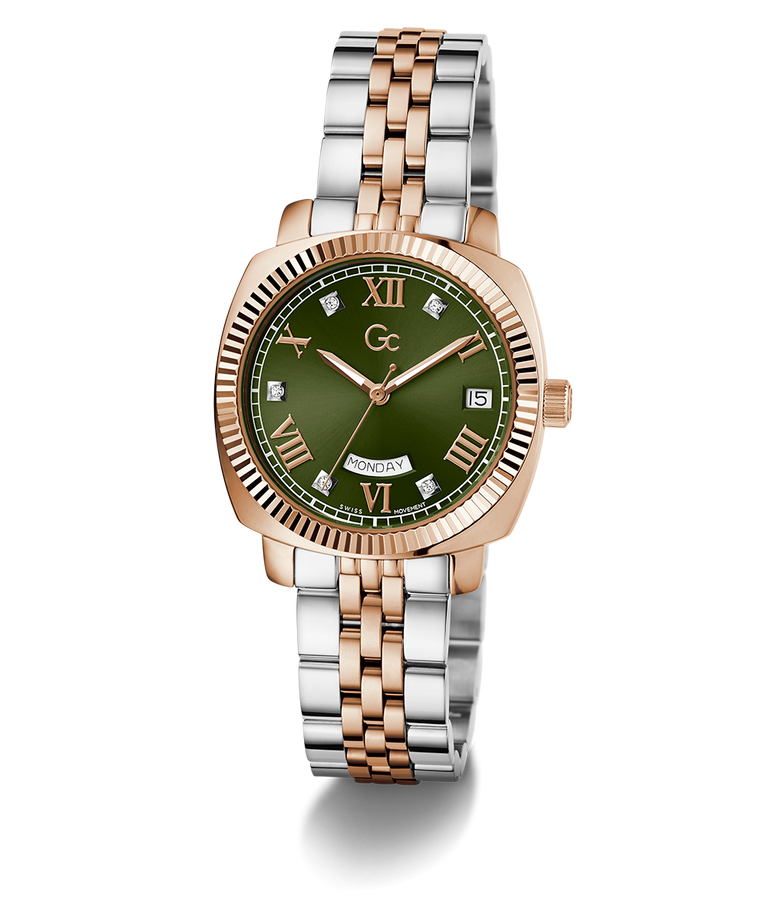 Gc Flair Coussin Lady Mid Size Metal Two-tone watch with a green dial on a white background