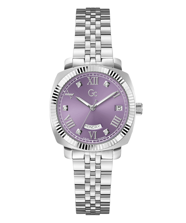 Silver Gc Flair Coussin Lady Mid Size Metal watch with a purple face on a white background