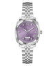 Silver Gc Flair Coussin Lady Mid Size Metal watch with a purple face on a white background