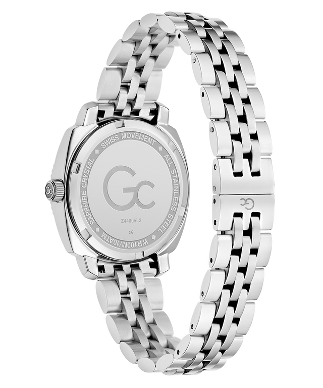 Silver Gc Flair Coussin Lady Mid Size Metal watch with a detailed metal band on a white background