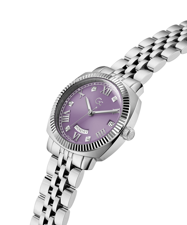 Silver Gc Flair Coussin Lady Mid Size Metal watch with a purple face on a white background lifestyle