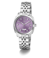 Silver Gc Flair Coussin Lady Mid Size Metal watch with a purple face on a white background