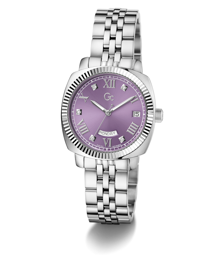 Silver Gc Flair Coussin Lady Mid Size Metal watch with a purple face on a white background