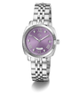 Silver Gc Flair Coussin Lady Mid Size Metal watch with a purple face on a white background