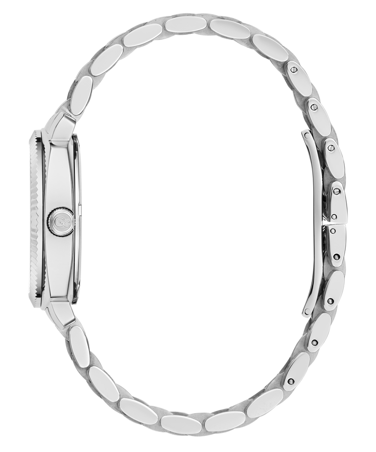 Silver-tone stainless steel watch with a multi-link oval bracelet, shown from a side profile view on a white background.