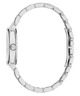 Silver-tone stainless steel watch with a multi-link oval bracelet, shown from a side profile view on a white background.