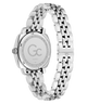 Silver watch with a detailed face and chain-like band on a white background