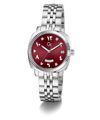 A Gc women's watch featuring a silver-tone stainless steel link bracelet, a fluted bezel, and a deep red dial with silver Arabic numerals and diamond hour markers.