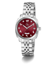 A Gc women's watch featuring a silver-tone stainless steel link bracelet, a fluted bezel, and a deep red dial with silver Arabic numerals and diamond hour markers.