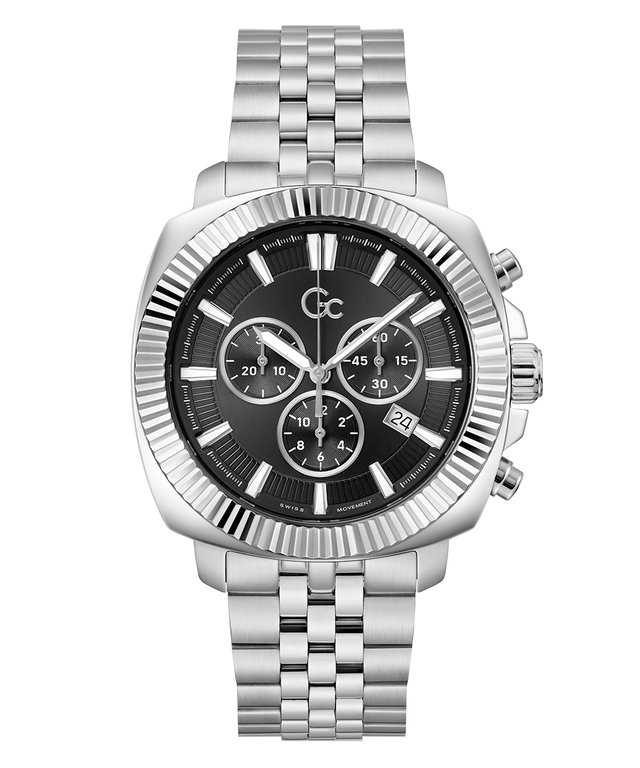 Gc Flair Coussin Chrono Metal Silver watch with black dial on a white background