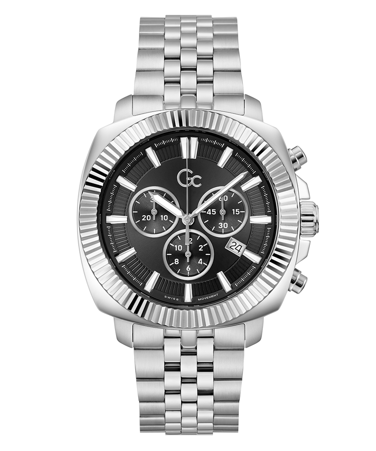 Gc Flair Coussin Chrono Metal Silver watch with black dial on a white background