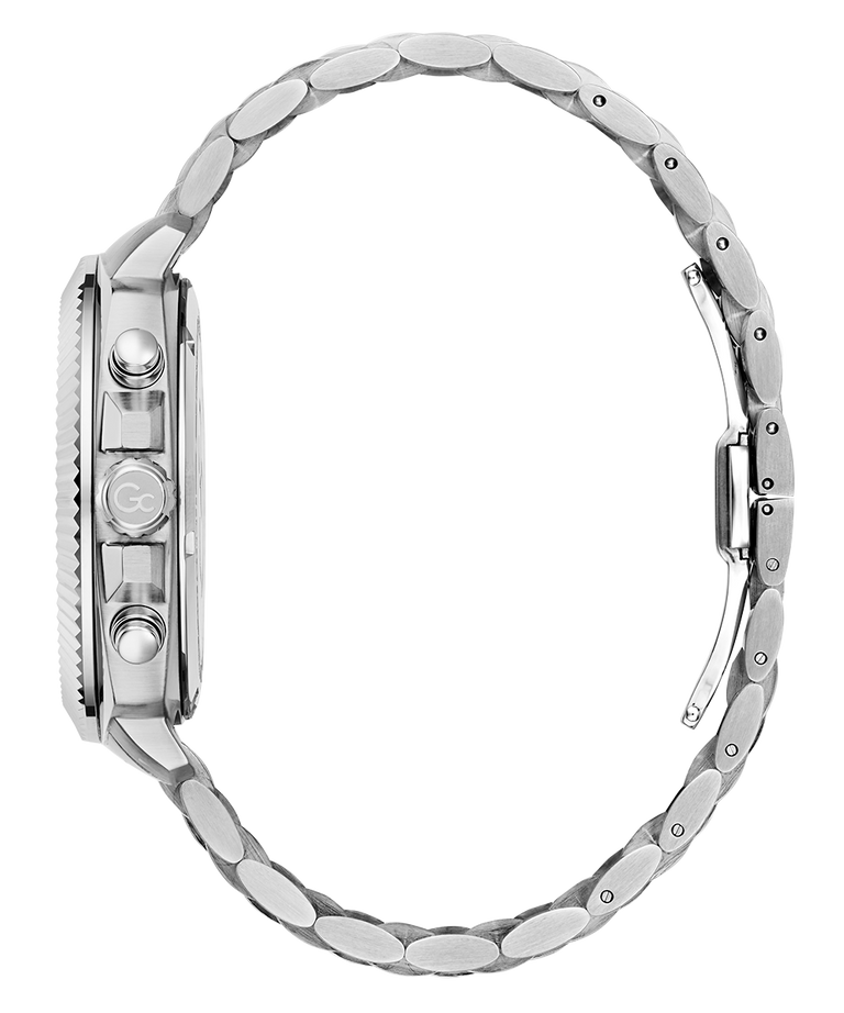 Side of a silver watch with a detailed band on a white background