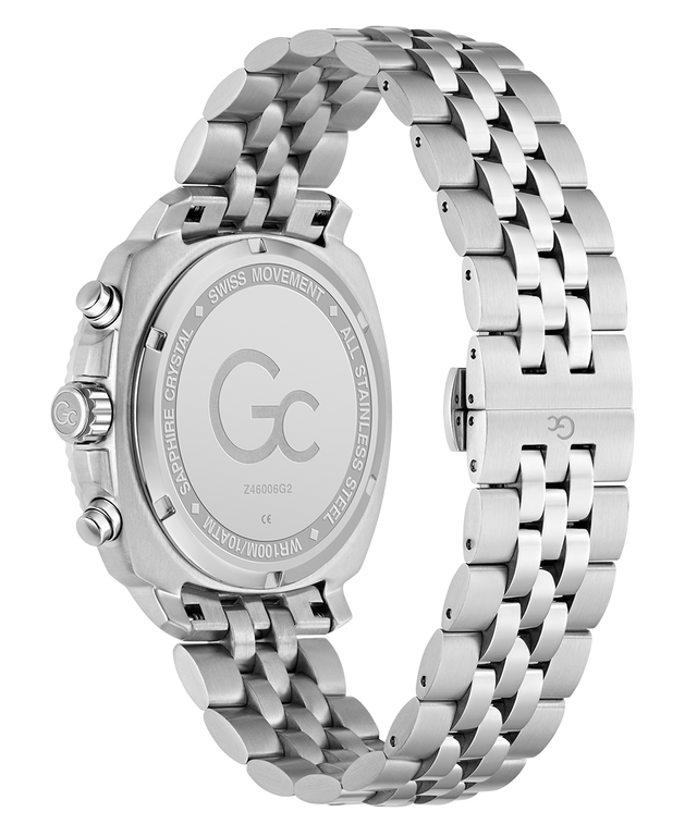 Caseback of Gc Flair Coussin Chrono Metal Silver watch with a detailed face and chain strap on a white background