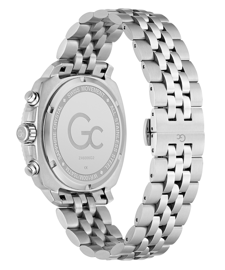 Caseback of Gc Flair Coussin Chrono Metal Silver watch with a detailed face and chain strap on a white background