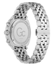 Caseback of Gc Flair Coussin Chrono Metal Silver watch with a detailed face and chain strap on a white background