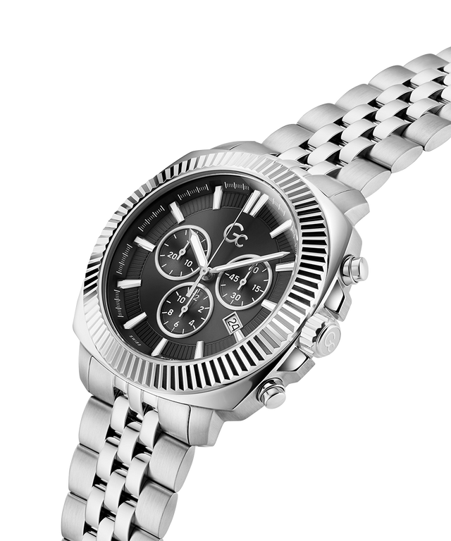Silver watch with a black dial on a white background lifestyle