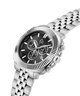 Silver watch with a black dial on a white background lifestyle