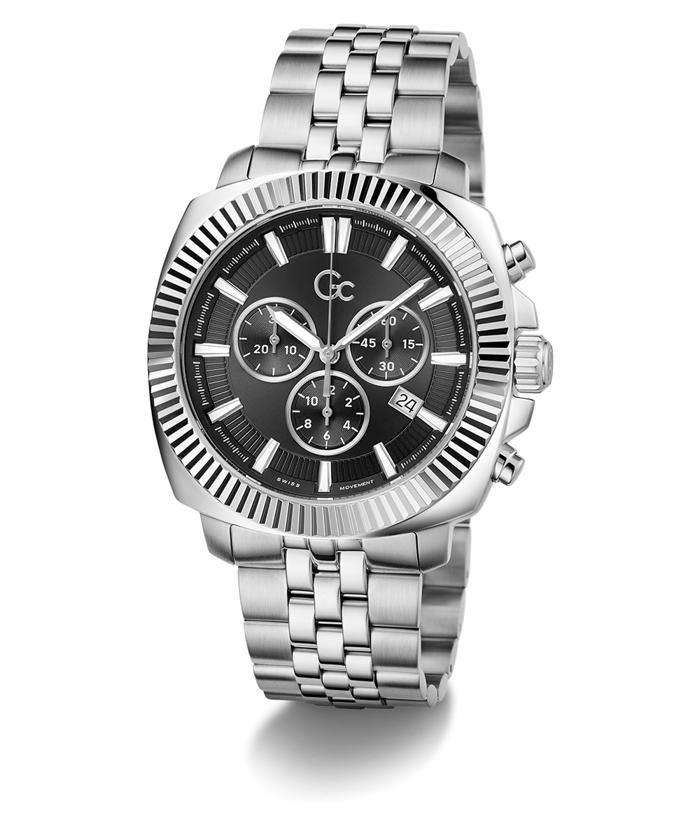 Gc Flair Coussin Chrono Metal Silver watch with black dial on a white background