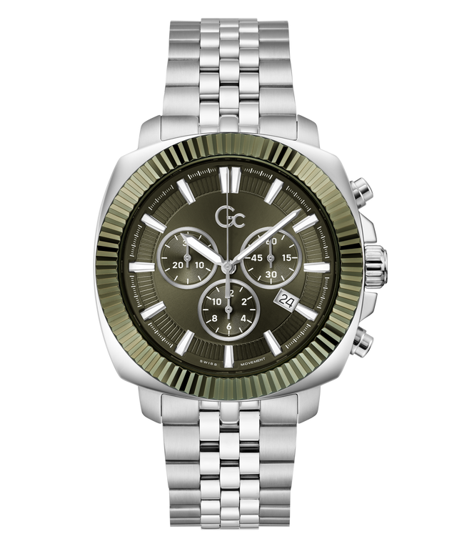 A luxury chronograph watch with a silver stainless steel link bracelet, a dark olive green dial, and a matching olive green bezel with a ridged outer edge.